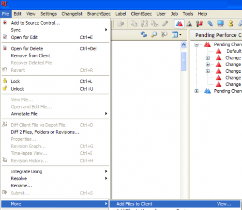 P4Win показывая 'добавить файлы для клиента